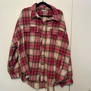 White Birch Pink and Cream Plaid Flannel Shacket